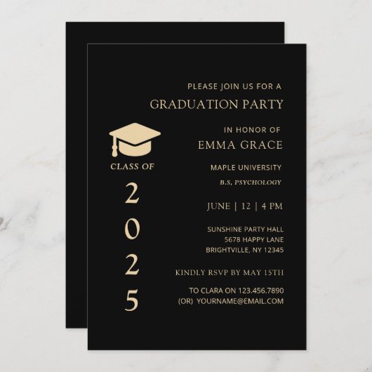 Modern Eenvoudig Zwart en Goud Graduation Party Kaart (Voorkant / Achterkant)