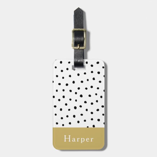 Modern Eenvoudig zwart en goud Monogram Polka Dot Bagagelabel (Voorkant verticaal)