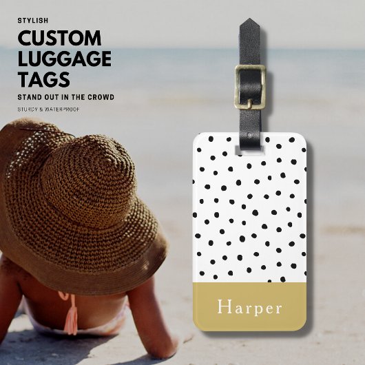 Modern Eenvoudig zwart en goud Monogram Polka Dot Bagagelabel