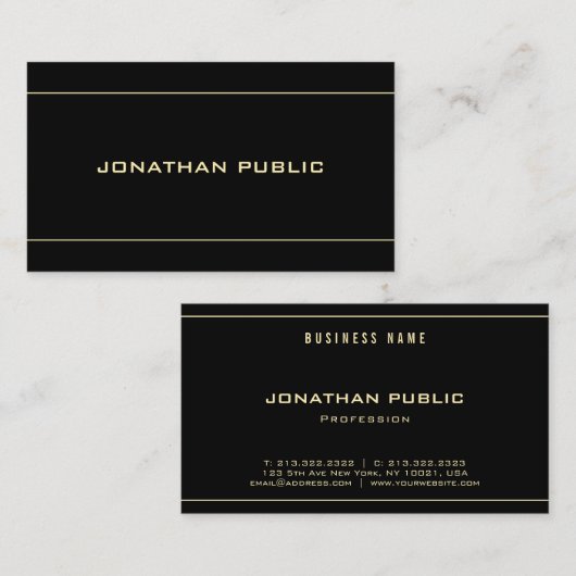 Modern Eenvoudig Zwart Sjabloon Goud Naam Tekst Visitekaartje (Voorkant / Achterkant)