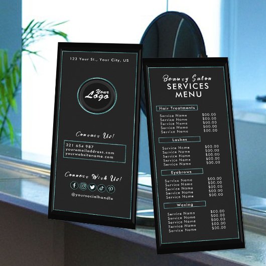 Modern Eenvoudig Zwart Teal Salon Menu Professione