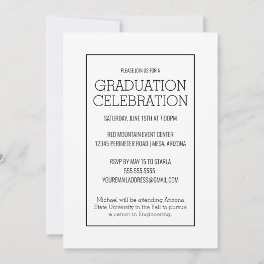 Modern Eenvoudig Zwart-Wit Afstuderen Aankondiging (Achterkant)