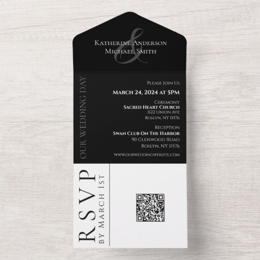 Modern Eenvoudig Zwart-Wit-Bruiloft- All In One Uitnodiging (Binnen)