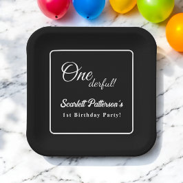 Modern eenvoudig zwart-wit elegante 1e verjaardag papieren bordje