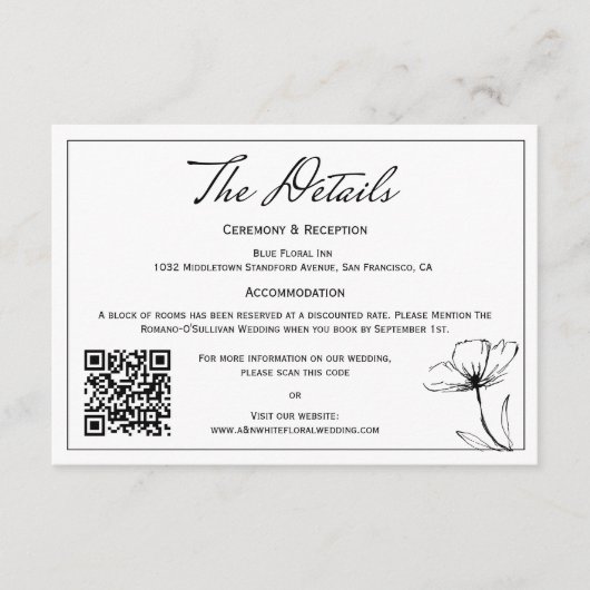 Modern Eenvoudig Zwart Wit QR code Bruiloft Detail Informatiekaartje (Voorkant)
