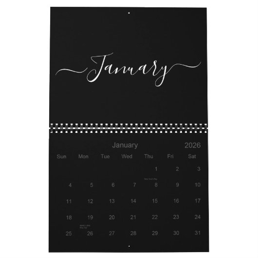 Modern eenvoudig zwart wit script maand 2024 kalender (Jan 2026)