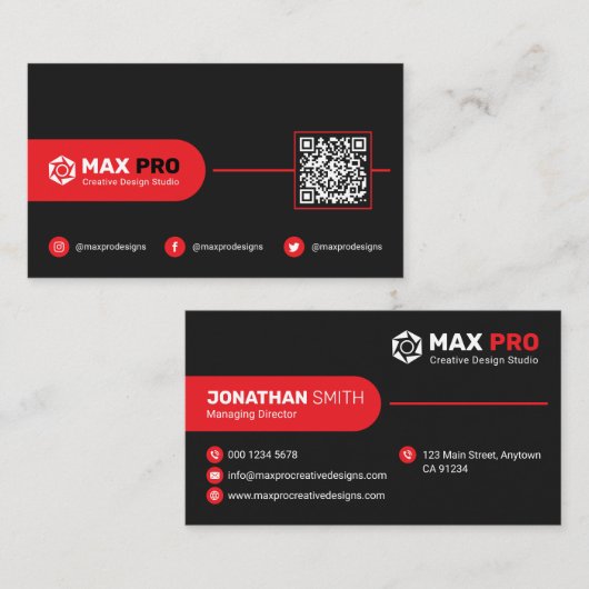 Modern Eenvoudige Zwart & Rode QR-code, Logo Zakel Visitekaartje (Voorkant / Achterkant)