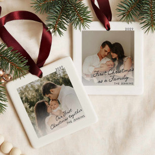 Modern eerste kerst als familie foto ornament