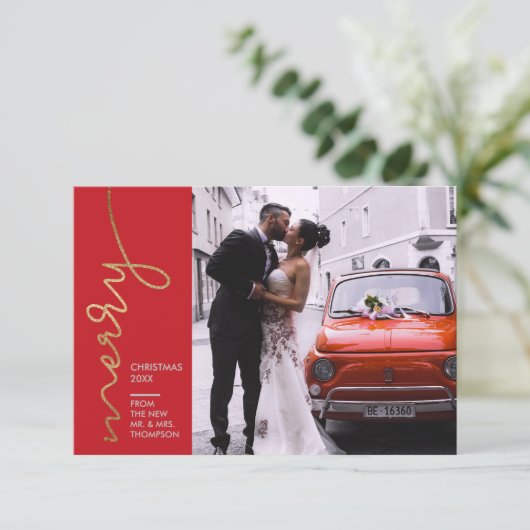 Modern Eerste Kerstmis Bruiloft Faux Gold Kaart (Staand voorkant)