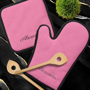 Modern Effen kleur Plain Bubblegum Roze Zwart Ovenwant & Pannenlap Set