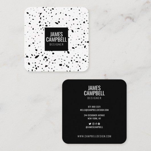 Modern effen zwart wit terrazzo marmeren patroon vierkante visitekaartje (Voorkant / Achterkant)