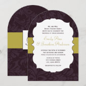 Modern Eggplant en Limoen Damask Wedding Invite Kaart (Voorkant / Achterkant)