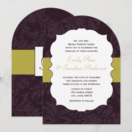 Modern Eggplant en Limoen Damask Wedding Invite Kaart (Voorkant / Achterkant)