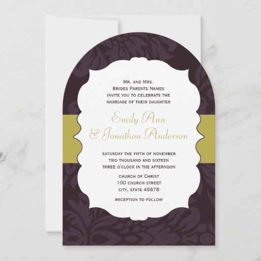 Modern Eggplant en Limoen Damask Wedding Invite Kaart (Voorkant)