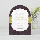 Modern Eggplant en Limoen Damask Wedding Invite Kaart (Staand voorkant)