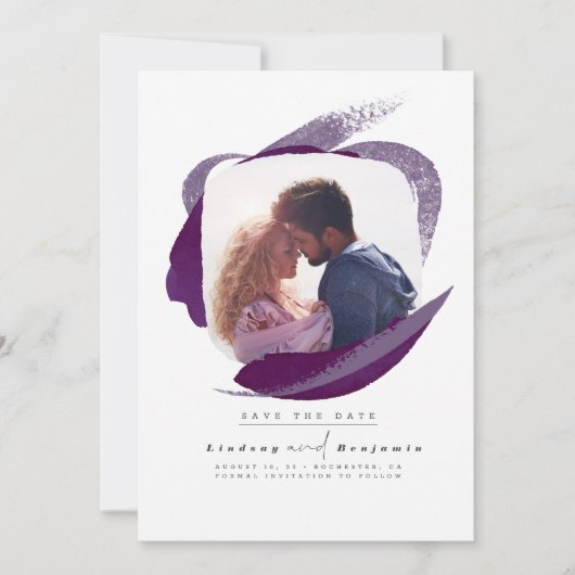 Modern Eggplant Paars sla de datum foto op Save The Date (Voorkant)