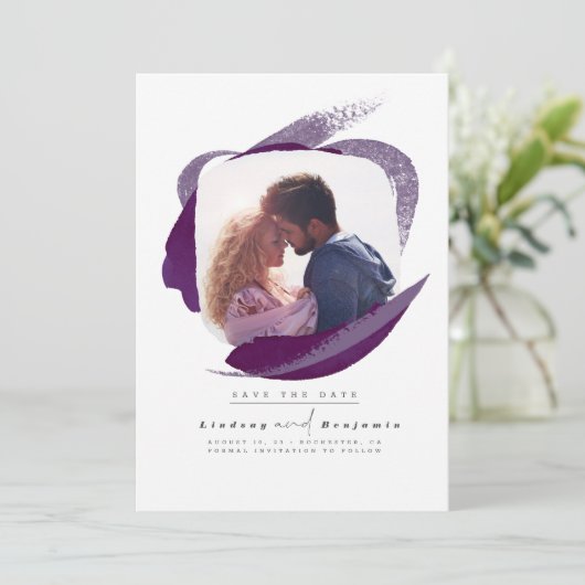 Modern Eggplant Paars sla de datum foto op Save The Date (Staand voorkant)