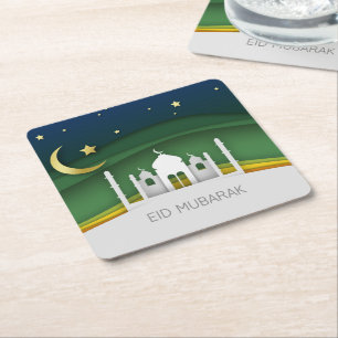 Modern Eid Mubarak papier gesneden moskee papier O Kartonnen Onderzetters