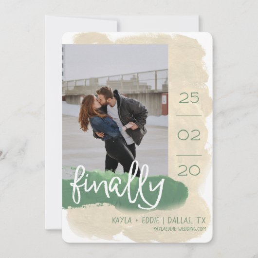 Modern Eindelijk Aquarel Foto Tannengroen Save The Date (Voorkant)