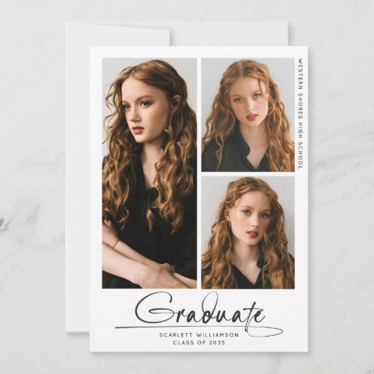 Modern eindexamenfeest 3 foto collage script kaart (Voorkant)