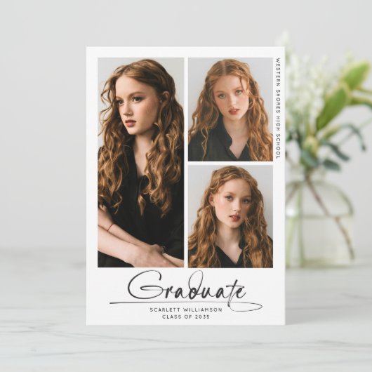 Modern eindexamenfeest 3 foto collage script  kaart (Staand voorkant)