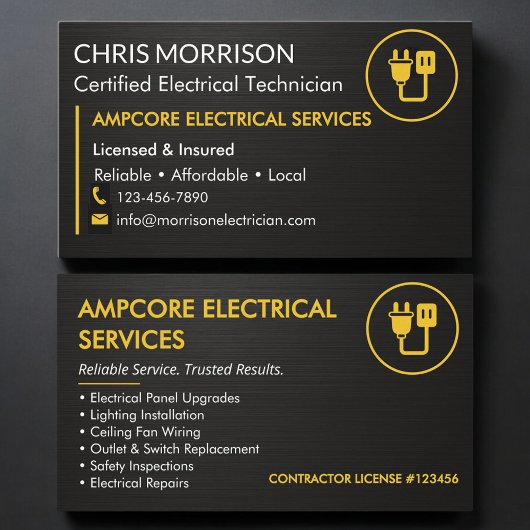 Modern Electrician Branding Black Yellow Metallic Visitekaartje
