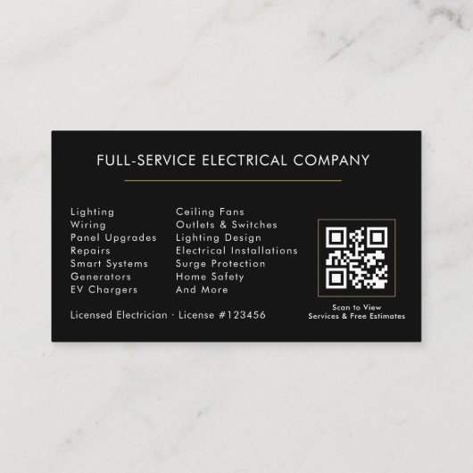 Modern Electrician QR Code Black Gold Minimal Visitekaartje (Achterkant)