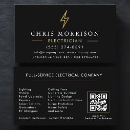 Modern Electrician QR Code Black Gold Minimal Visitekaartje