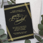 Modern Elegance Birthday Party Kaart<br><div class="desc">Deze uitnodiging van de Birthday Party is prachtig elegant en bevat gouden hoeklijnen die jouw tekst op een zwarte achtergrond plaatsen. De tekst "u wordt uitgenodigd"in heerlijke manuscriptflourishes wordt opzettelijk gekenmerkt prominent om uw uitgenodigde gasten te maken zich speciaal voelen. Geef de partijdetails met uw specificaties uit. Hier getoond als...</div>