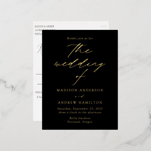 Modern Elegance Black and Gold Wedding Folie Uitnodiging Briefkaart (Voorkant / Achterkant)