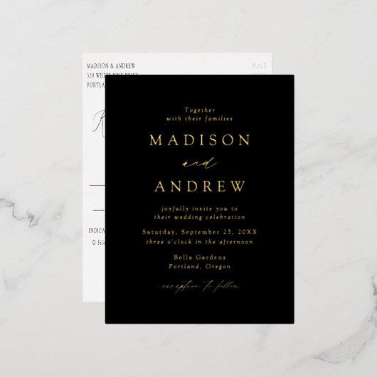 Modern Elegance Black and Gold Wedding Folie Uitnodiging Briefkaart (Voorkant / Achterkant)