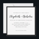 Modern Elegance Black and White Wedding Invitation<br><div class="desc">Moderne Elegance Black and White Wedding Invitation kenmerkt de namen van de paren in prachtige kalligrafie omringd door een minimale zwarte grens. Geef je trouwdag een persoonlijk tintje. Dit ontwerp is beschikbaar in een verscheidenheid van formaten en begeleidende de producten van de trouwgebeurtenis.</div>