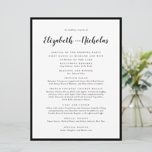 Modern Elegance Black and White Wedding Reception Programmakaart (Staand voorkant)