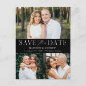 Modern Elegance Black Drie Foto slaat de datum op Aankondigingskaart (Voorkant)