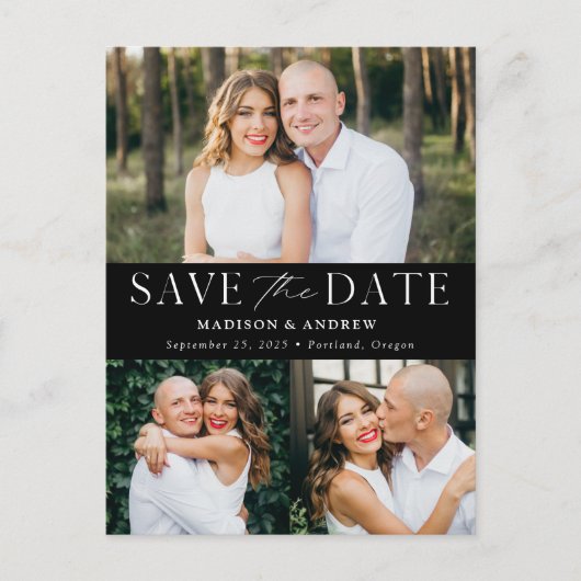 Modern Elegance Black Drie Foto slaat de datum op Aankondigingskaart (Voorkant)