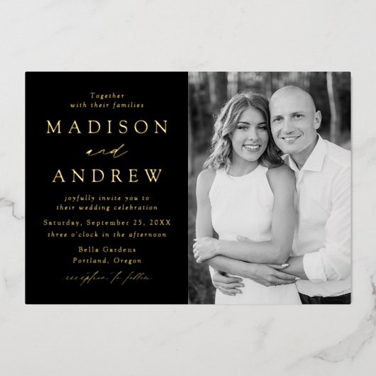 Modern Elegance Black en Gold Photo Wedding Folie Uitnodiging (Voorkant)