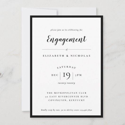 Modern Elegance Black en White Verloving Invite (Voorkant)