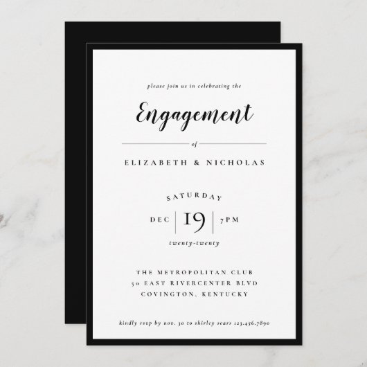 Modern Elegance Black en White Verloving Invite (Voorkant / Achterkant)