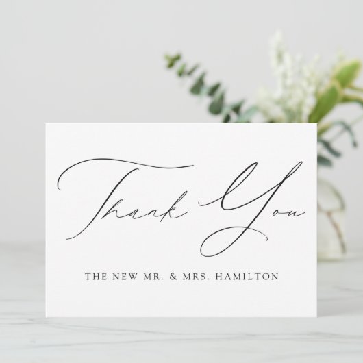 Modern Elegance Black Script Wedding Bedankkaart (Staand voorkant)