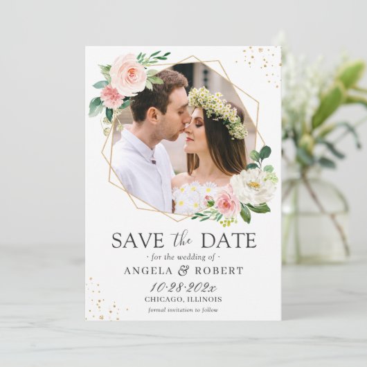 Modern Elegance Blush Floral Geometric Photo Lijst Save The Date (Staand voorkant)