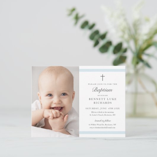 Modern Elegance Boys Photo Baptisme Uitnodiging Briefkaart (Staand voorkant)