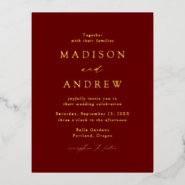 Modern Elegance Burgundy and Gold Wedding Folie Uitnodiging Briefkaart