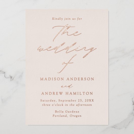 Modern Elegance Cream and Roos Gold Wedding Folie Uitnodiging (Voorkant)