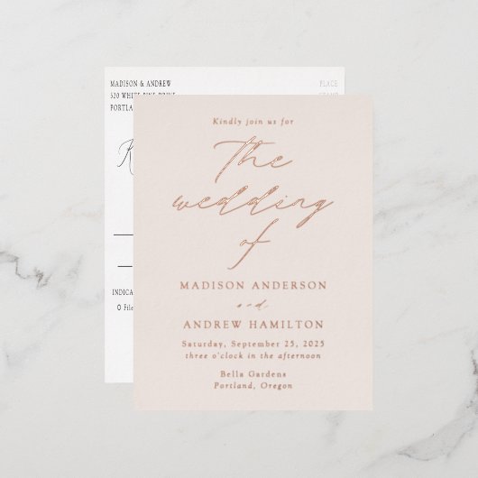 Modern Elegance Cream and Roos Gold Wedding Folie Uitnodiging Briefkaart (Voorkant / Achterkant)