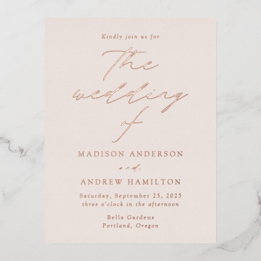 Modern Elegance Cream and Roos Gold Wedding Folie Uitnodiging Briefkaart (Voorkant)