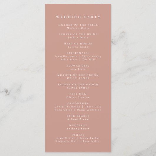 Modern Elegance Dusty Roos Wedding Programmakaart (Achterkant)