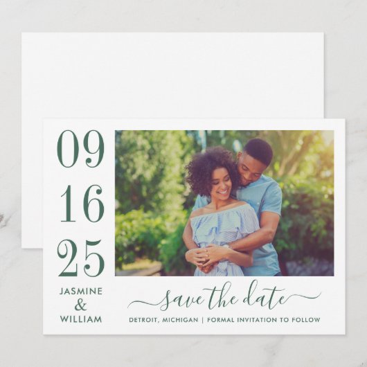 Modern Elegance Emerald Green Wedding Foto Save The Date (Voorkant / Achterkant)