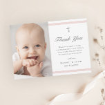 Modern Elegance Girls Baptisme Bedankkaart<br><div class="desc">Moderne eslegance Girls Baptism bedankt dat je kaart modern en schoon is,  met zachte roze strepen en een kruis met foto's. Het grijze klantgerichte type staat u toe om alle informatie op de kaart in uw het houden van te veranderen. Ideaal voor een klein meisjesbaptisme.</div>