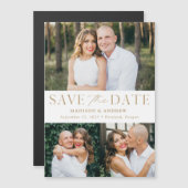 Modern Elegance Gold Drie Foto slaat de datum op Magnetische Uitnodiging (Voorkant / Achterkant)