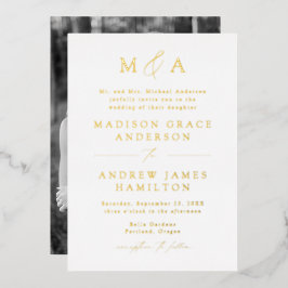 Modern Elegance Gold Monogram Foto Weddenschap Folie Uitnodiging